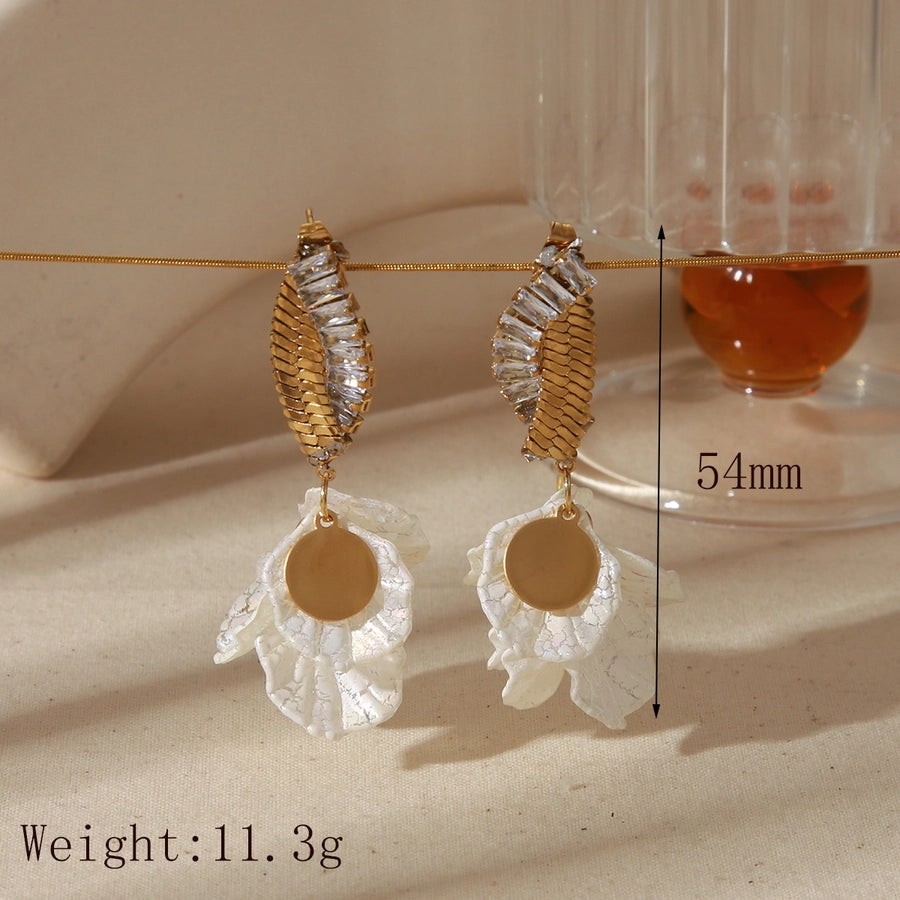 1 Pair Luxurious Simple Style Commute Flower Butterfly chain Inlay 304 Stainless Steel Acrylic Imitation Pearl Zircon 18K Gold Plated Drop Earrings