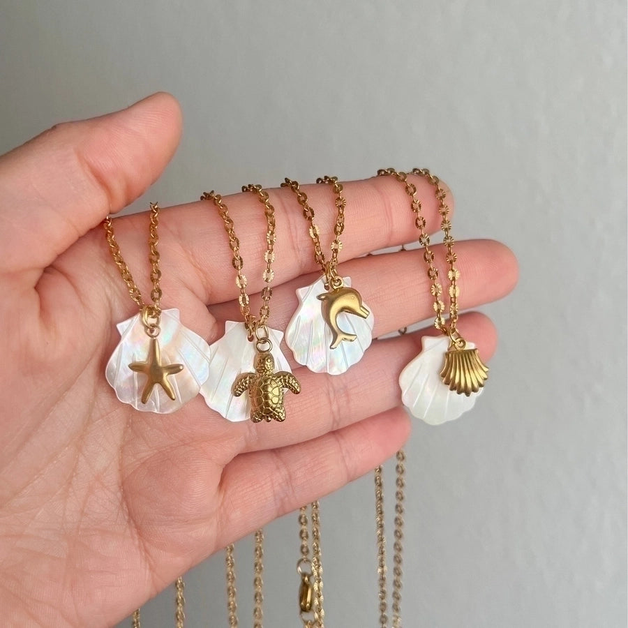 Vacation Marine Style Beach Starfish Dolphin Shell 18K Gold Plated Shell Titanium Steel Pendant Necklace