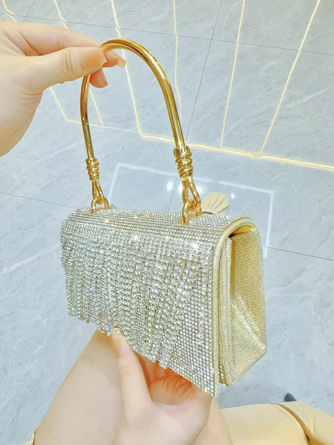 New Retro Banquet Evening Dress Handbag Handbag Full Diamond Shiny Tassel Shoulder Crossbody Evening Bag