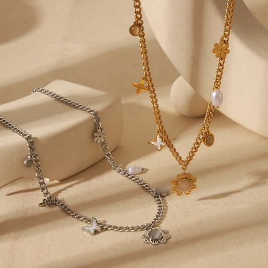 Jewelry IG Style Elegant Commute Solid Color Flower Butterfly 304 Stainless Steel Zircon 18K Gold Plated Plating Inlay Pendant Necklace