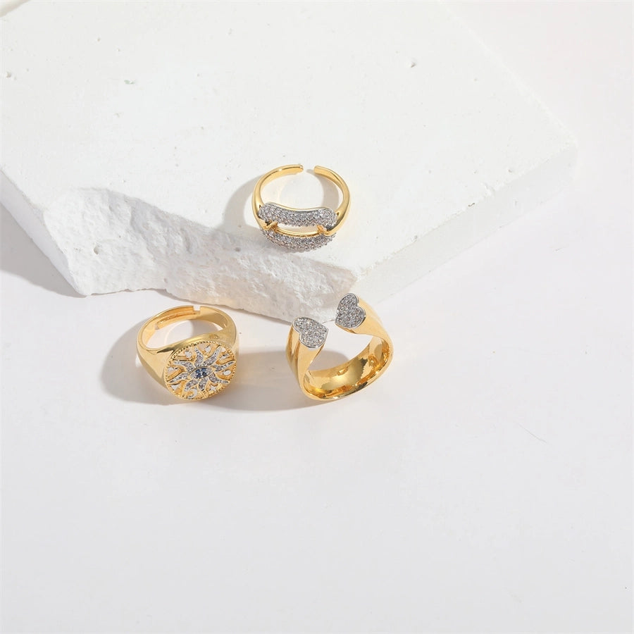 Copper 14K Gold Plated Hollow Out Inlay Heart Shape Zircon Open Rings