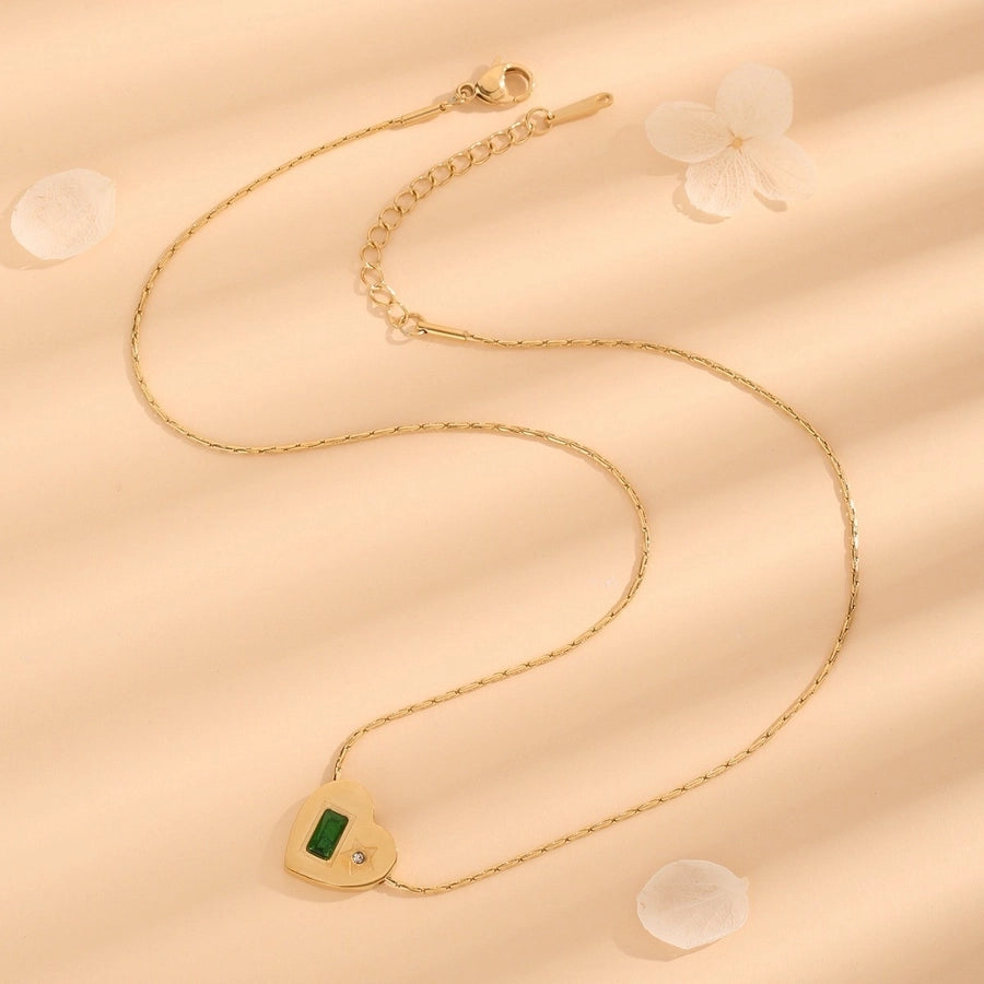 Jewelry Vintage Style Simple Style Heart Shape 304 Stainless Steel Artificial Rhinestones 18K Gold Plated Inlay Pendant Necklace