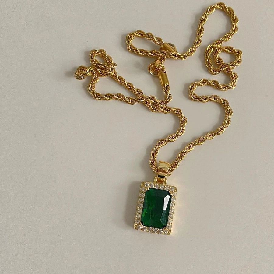 retro square titanium steel inlay zircon pendant necklace