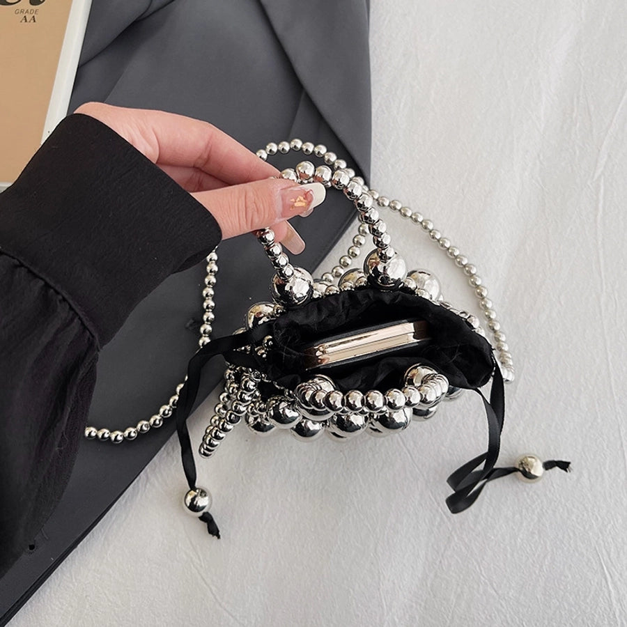 Women's Small Pu Leather Solid Color Elegant Beading Square String Evening Bag