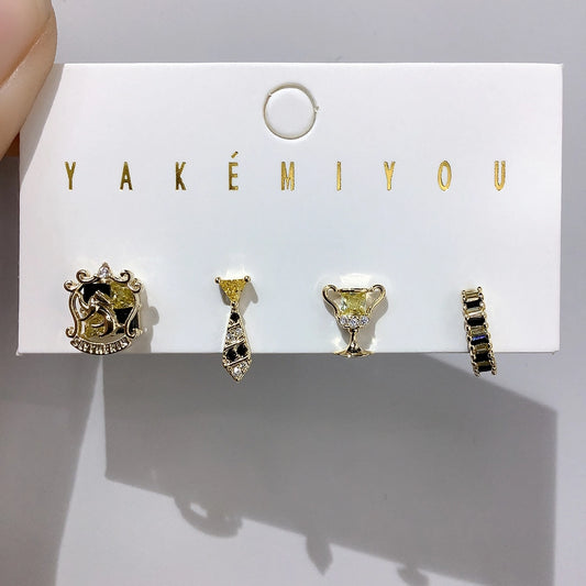1 Set Yakemiyou Cool Style Cartoon Inlay Copper Zircon 14K Gold Plated Ear Studs