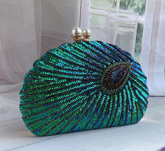 blue black gold metal feather beading sequins shell evening bags