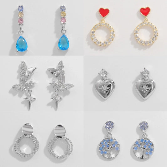 1 Pair Elegant Heart Shape Life Tree Butterfly Inlay Sterling Silver Zircon White Gold Plated Ear Studs