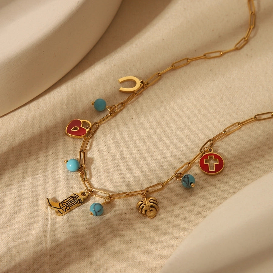 Jewelry Basic Bohemian Elephant Flower Boots 304 Stainless Steel Artificial Pearls Natural Stone 18K Gold Plated Epoxy Pendant Necklace