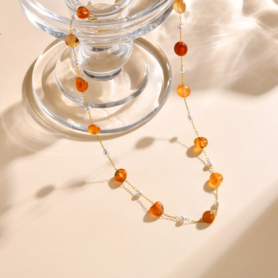 Stainless Steel Plated 18K Gold Chain Imitation Amber Stone Imitation Jade Imitation Pearl Chain Jewelry Suit Necklace