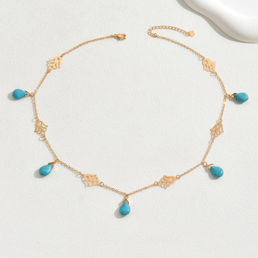 Copper 18K Gold Plated Inlay Flower Turquoise Pendant Necklace