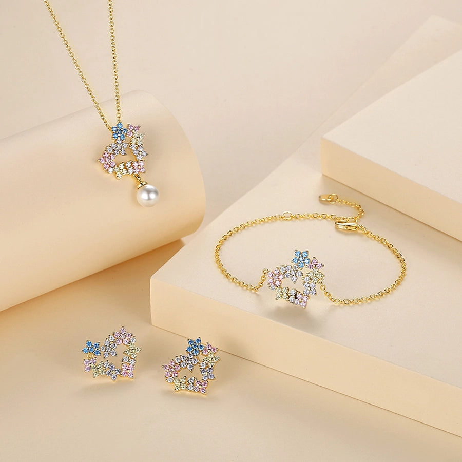 Colorful Crystals Heart Garland Necklace Bracelet Ear Studs Gold Plated Ornament Suit Women's Rhinestone Pearl Necklace Lovers Wild Collarbone Necklace Bracelet Bracelet Ear Studs Stud Earrings Suit