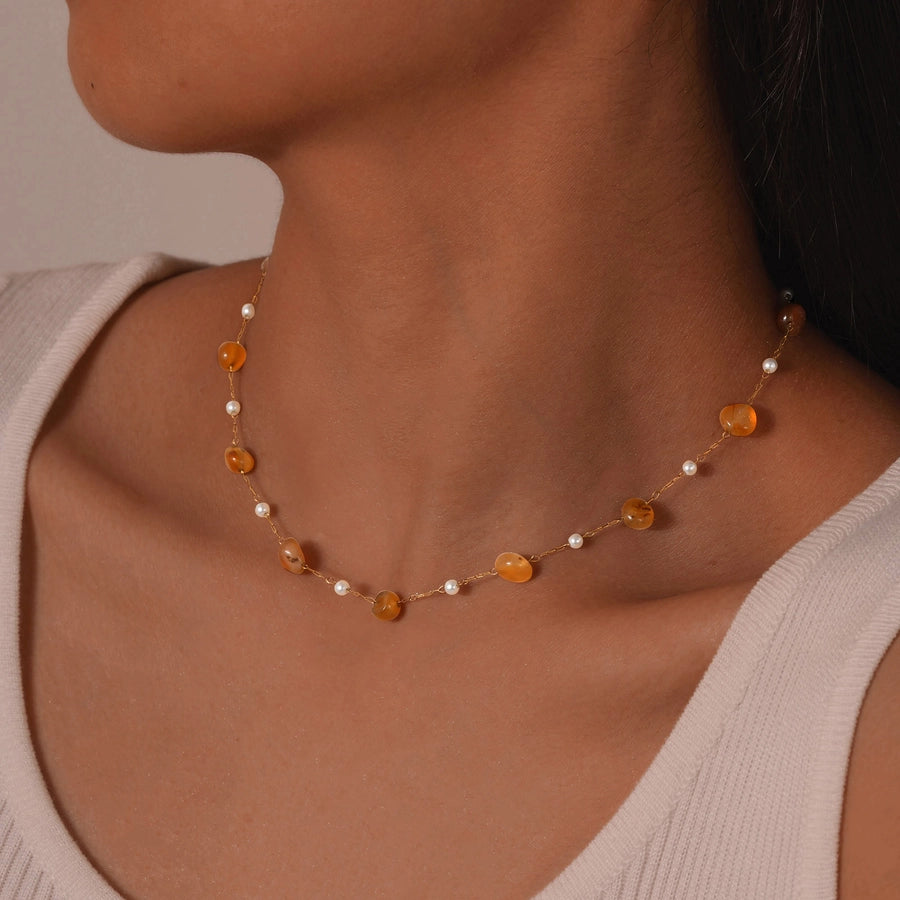 Stainless Steel Plated 18K Gold Chain Imitation Amber Stone Imitation Jade Imitation Pearl Chain Jewelry Suit Necklace