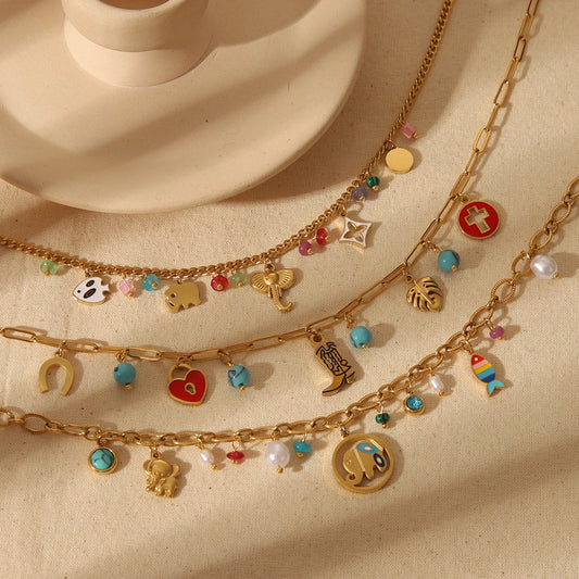 Jewelry Basic Bohemian Elephant Flower Boots 304 Stainless Steel Artificial Pearls Natural Stone 18K Gold Plated Epoxy Pendant Necklace