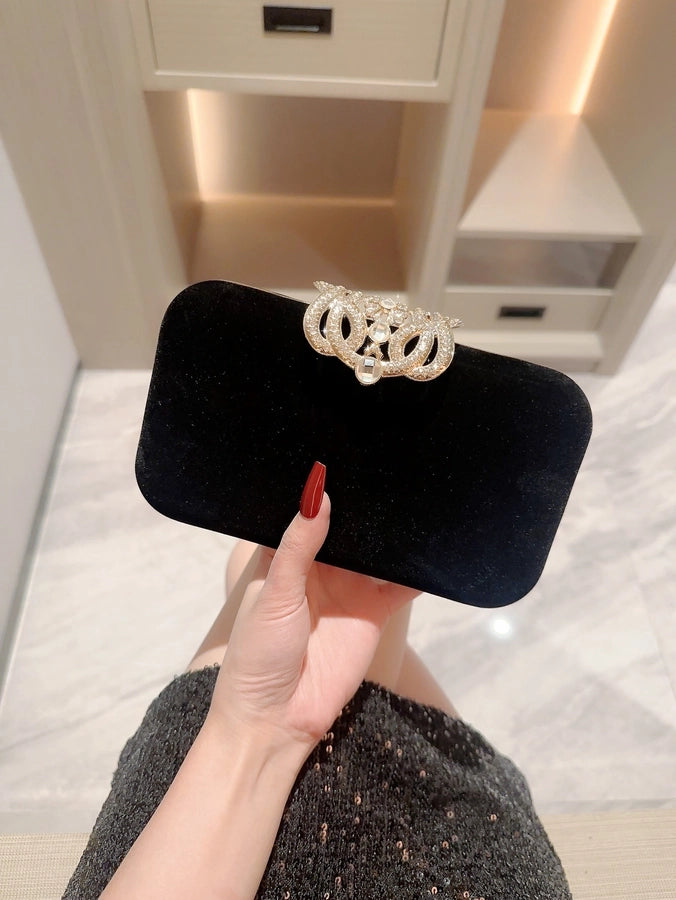 Black Polyester Solid Color Metal Button Evening Bags