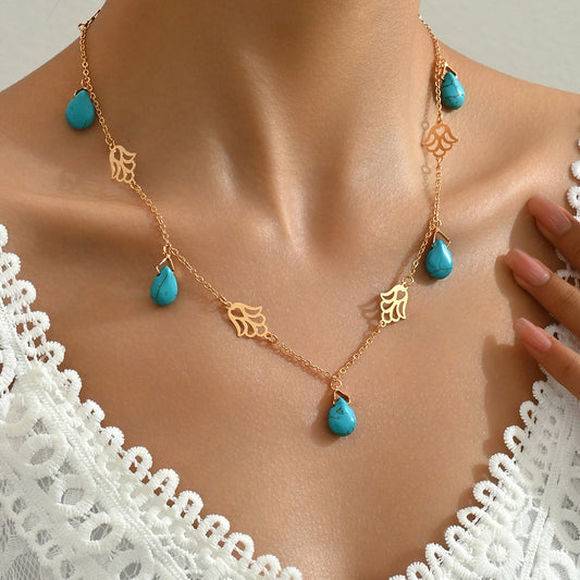 Copper 18K Gold Plated Inlay Flower Turquoise Pendant Necklace