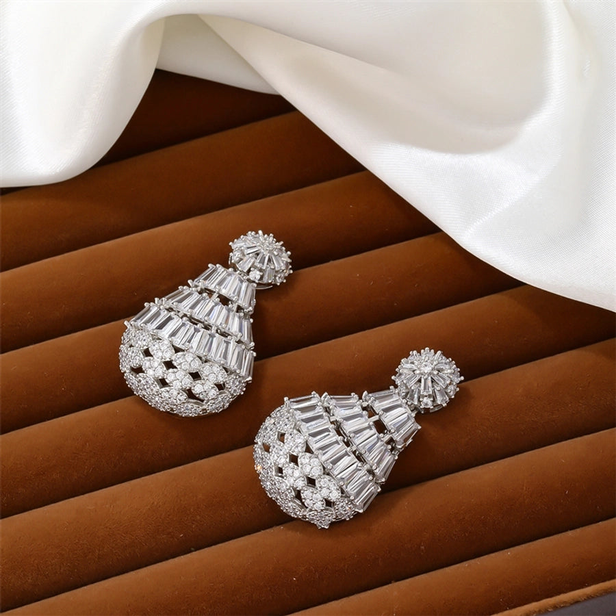 lady shiny water droplets copper plating hollow out inlay zircon earrings necklace