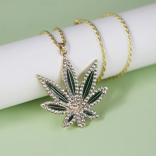 Alloy Copper Inlay Maple Leaf Zircon Pendant Necklace