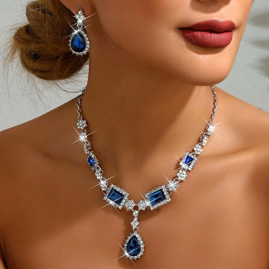 Diamond-encrusted Blue Square Water Drop Necklace Earrings Set Elegant Elegant Clavicle Chain New Style Light Luxury High-grade Necklace