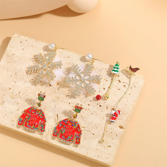 1 pair cute sweet santa claus snowflake enamel plating inlay alloy rhinestones gold drop earrings
