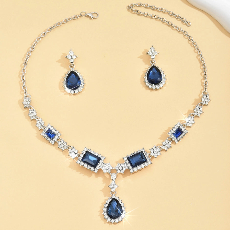 Diamond-encrusted Blue Square Water Drop Necklace Earrings Set Elegant Elegant Clavicle Chain New Style Light Luxury High-grade Necklace