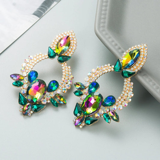 retro style creative alloy diamond glass drill rhinestone flower earrings
