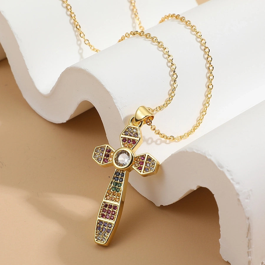 Copper Gold Plated Plating Inlay Cross Zircon Pendant Necklace