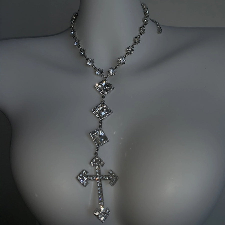 Hip-Hop Exaggerated Punk Cross Tassel Silver Plated Rhinestones Alloy Rhinestone Copper Necklace
