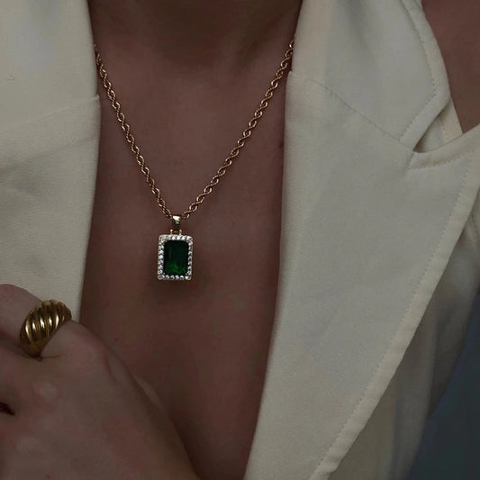 retro square titanium steel inlay zircon pendant necklace