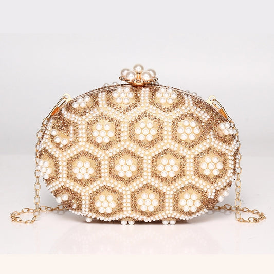 Gold Pu Leather Flower Oval Evening Bags
