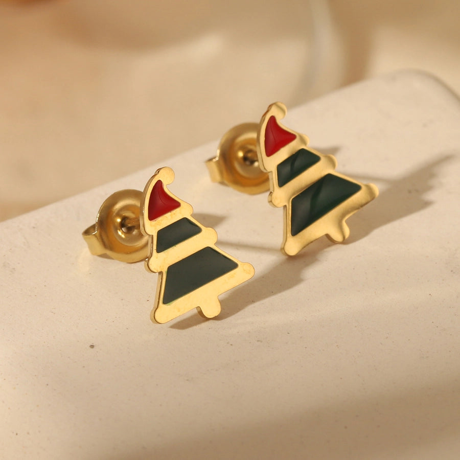 1 Pair Sweet Simple Style Christmas Tree Santa Claus Enamel 304 Stainless Steel Zircon 14K Gold Plated Ear Studs