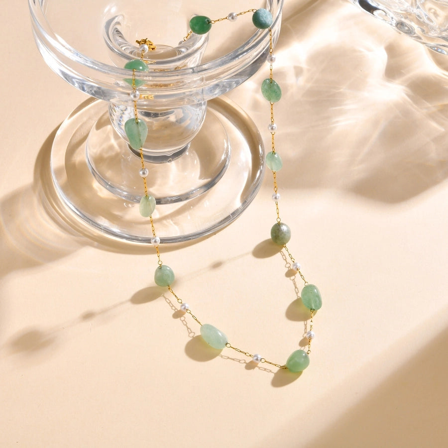 Stainless Steel Plated 18K Gold Chain Imitation Amber Stone Imitation Jade Imitation Pearl Chain Jewelry Suit Necklace