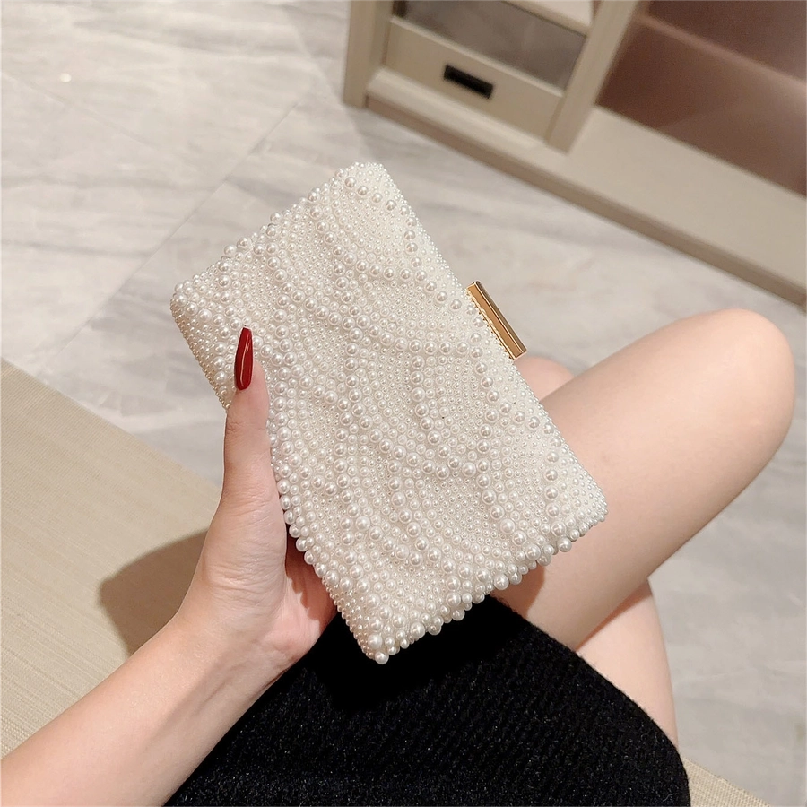 White Artificial Pearl Solid Color Square Evening Bags
