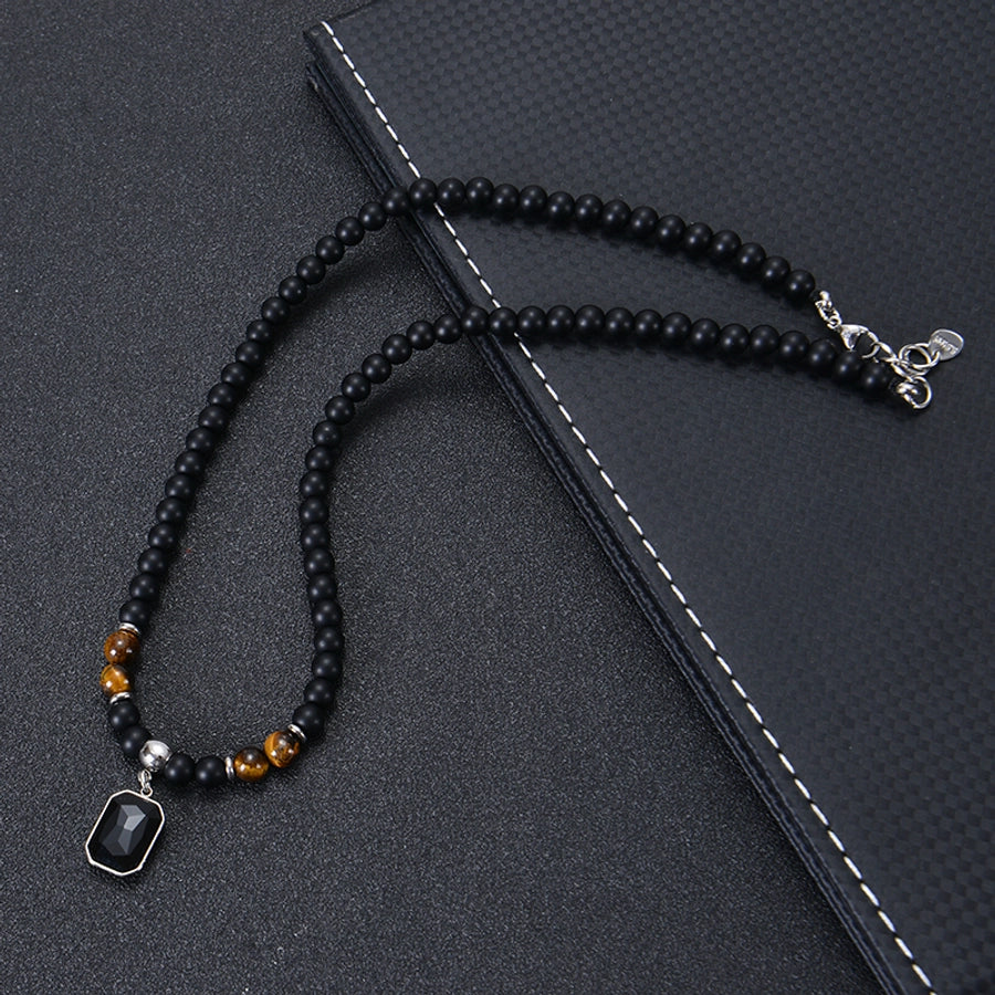 Retro Stainless Steel Black Gemstone Pendant Necklace Men's Frosted Stone Tigereye Beaded Hip Hop Necklace Women