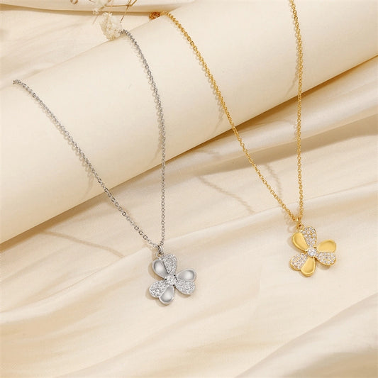 Copper 18K Gold Plated Patchwork Inlay Shamrock Zircon Pendant Necklace