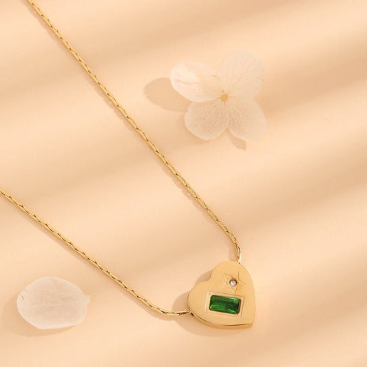 Jewelry Vintage Style Simple Style Heart Shape 304 Stainless Steel Artificial Rhinestones 18K Gold Plated Inlay Pendant Necklace