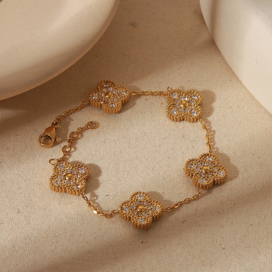 Basic Vintage Style Four Leaf Clover Flower 304 Stainless Steel 18K Gold Plated Zircon Bracelets In Bulk