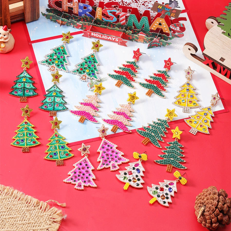 1 piece vintage style christmas tree enamel plating inlay alloy plastic glass glass pearl gold plated silver plated drop earrings
