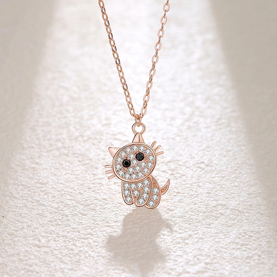 cute cat sterling silver polishing plating inlay zircon pendant necklace