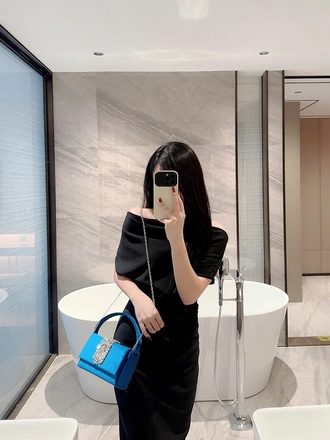 women's suede color block elegant classic style square buckle handbag evening bag
