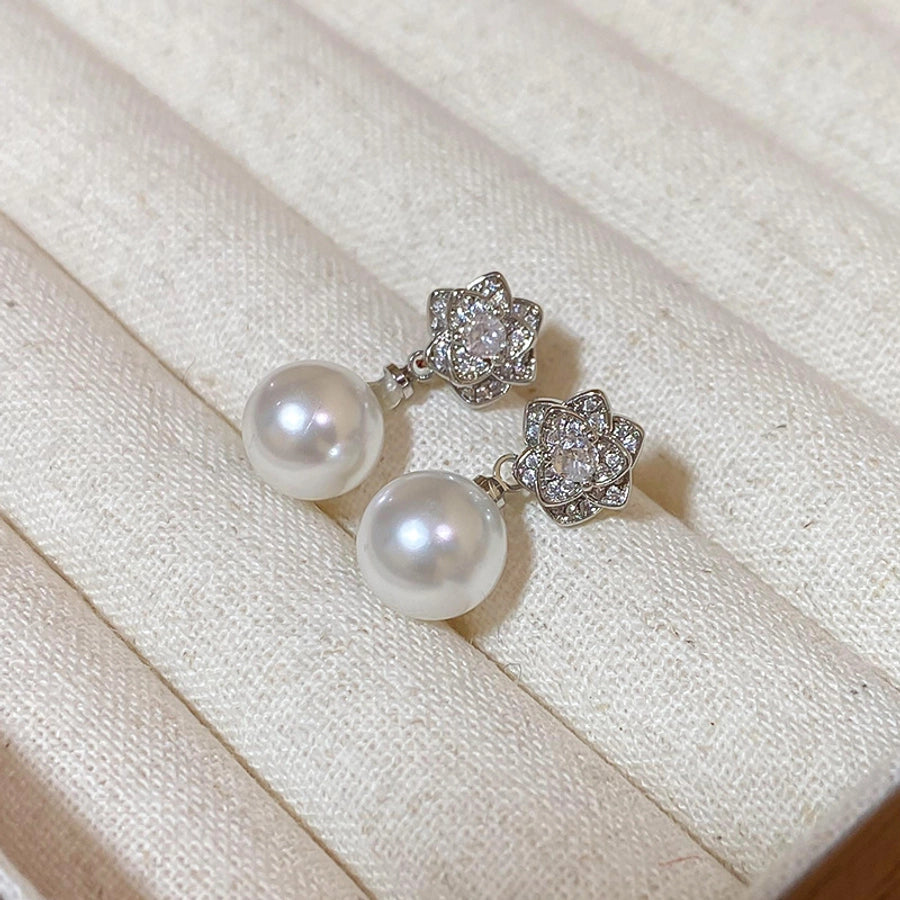Elegant Simple Style Flower Imitation Pearl Copper Inlay Zircon Women's Earrings Necklace