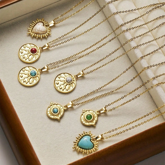 A Stainless Steel Plated 18K Gold Love Blue White Turquoise round Sun Light XINGX Red Turquoise Turquoise Green Natural Stone Pendant Necklace Ornament