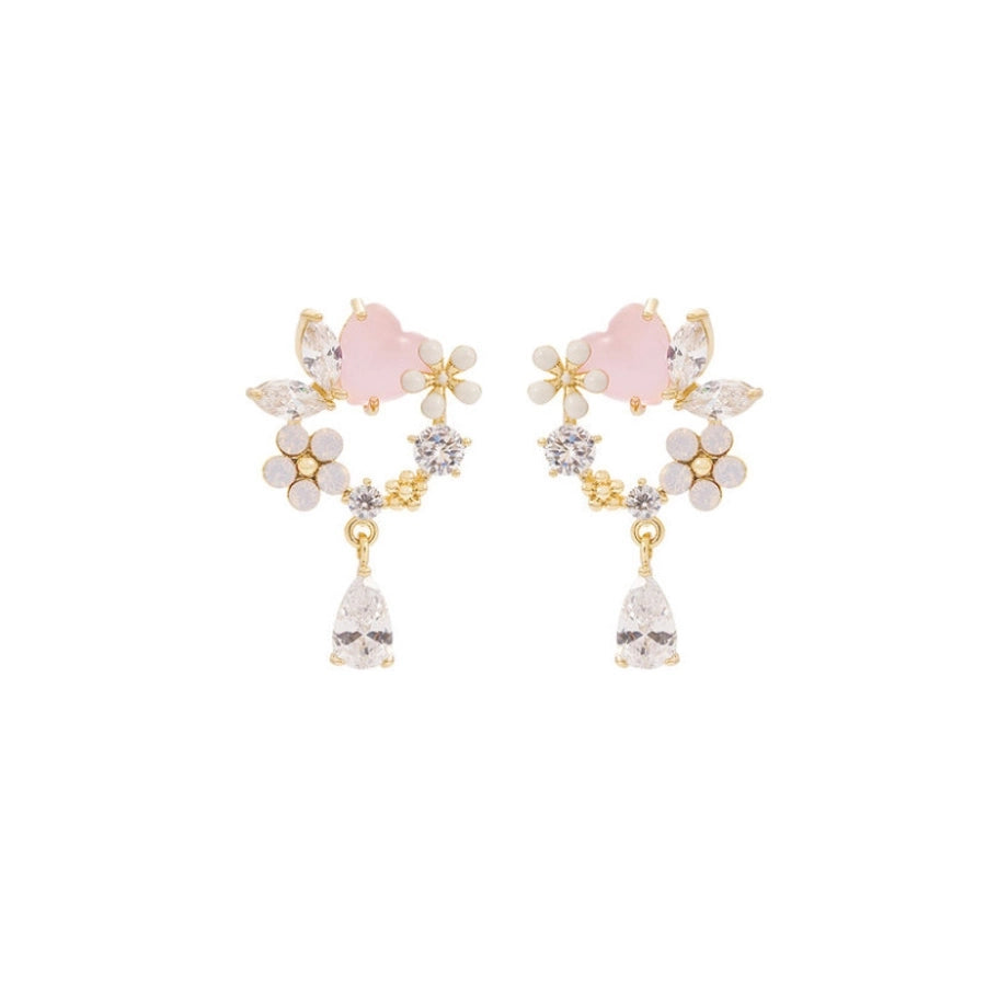 1 pair lady sweet moon flower bow knot inlay imitation pearl alloy rhinestones opal drop earrings