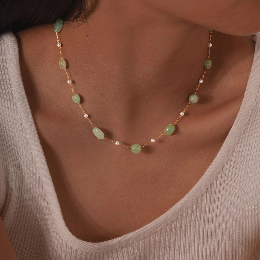 Stainless Steel Plated 18K Gold Chain Imitation Amber Stone Imitation Jade Imitation Pearl Chain Jewelry Suit Necklace