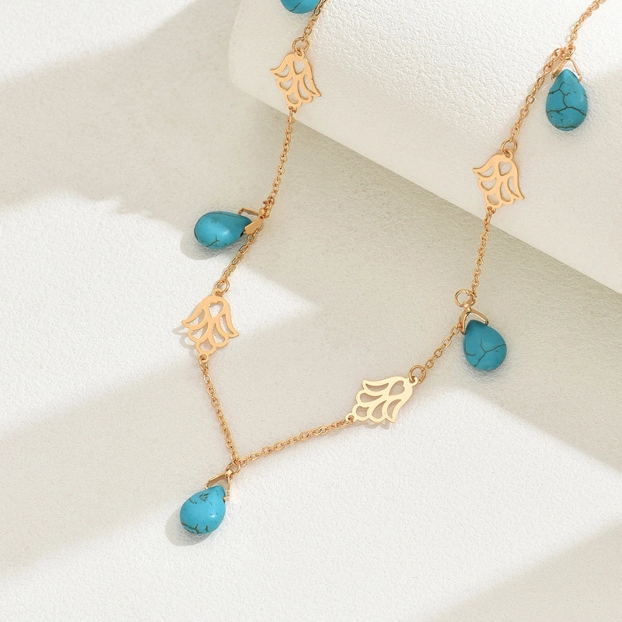 Copper 18K Gold Plated Inlay Flower Turquoise Pendant Necklace