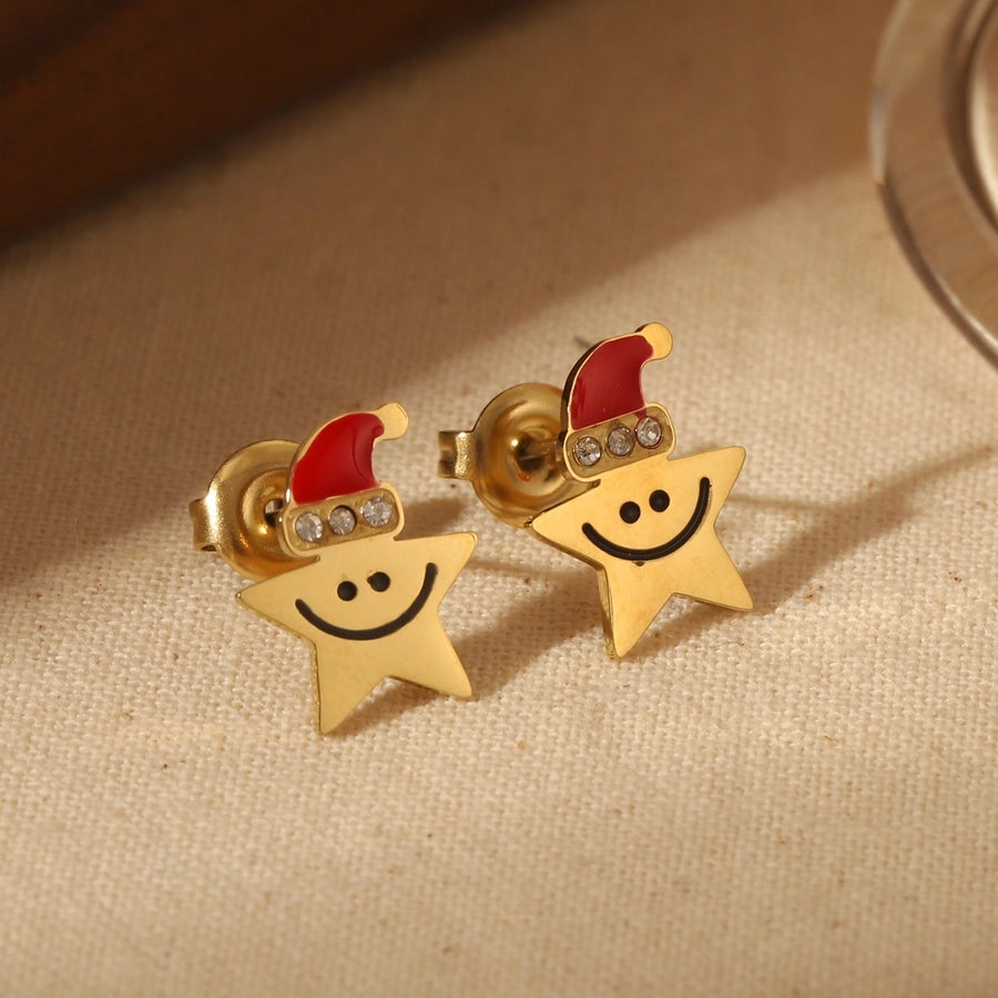 1 Pair Sweet Simple Style Christmas Tree Santa Claus Enamel 304 Stainless Steel Zircon 14K Gold Plated Ear Studs