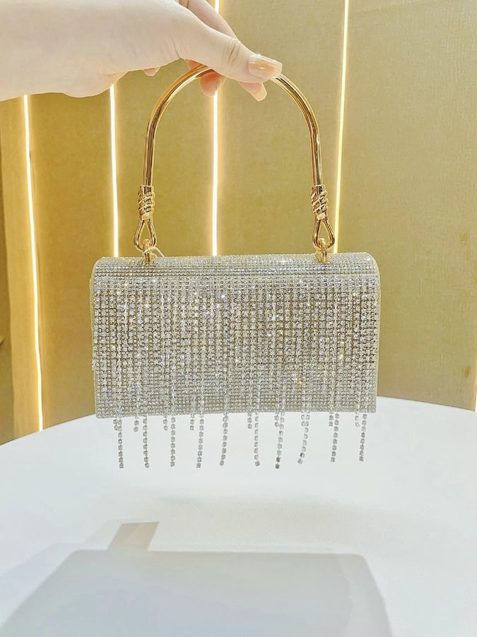 New Retro Banquet Evening Dress Handbag Handbag Full Diamond Shiny Tassel Shoulder Crossbody Evening Bag
