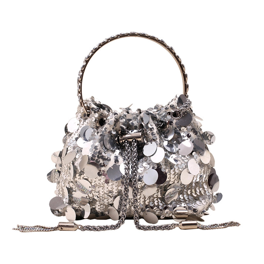 black yellow silver sequin solid color bucket evening bags