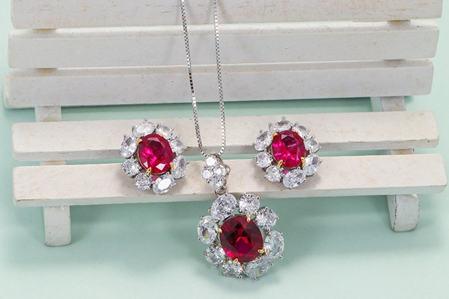 Retro flower 925 silver inlay artificial gemstones women's earrings necklace
