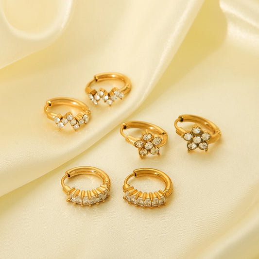 1 Pair Nordic Style French Style Flower Plating Inlay 304 Stainless Steel Rhinestones 18K Gold Plated Hoop Earrings