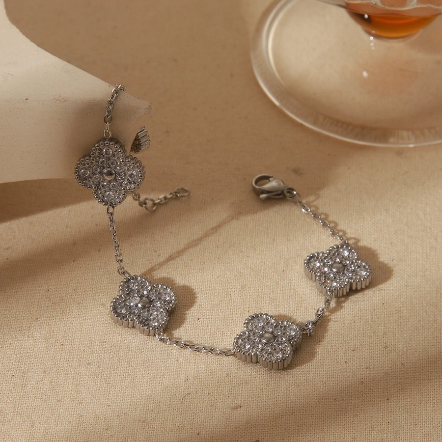 Basic Vintage Style Four Leaf Clover Flower 304 Stainless Steel 18K Gold Plated Zircon Bracelets In Bulk